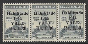 VENEZUELA 1944 30c on 1.40b Surcharged Airmail Strip of 3 Sc C198 MNH