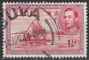 Fiji 1-1/2d rose carmine Man in Outrigger Canoe issue of 1940, Scott 132 Used