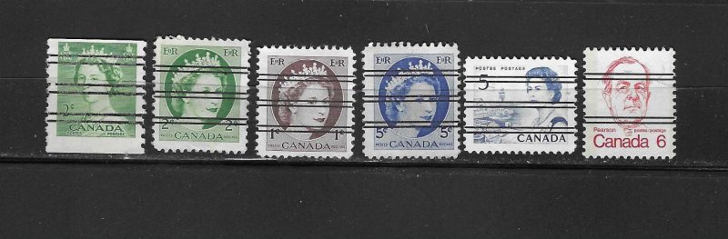 Canada Collection of 6 Different Triple Line Pre-cancel Off Paper Stamps Used