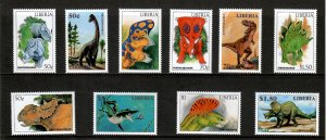 Liberia 1999 - Dinosaurs - Set of 10 Stamps - Scott #1406-11, 1416-19 - MNH