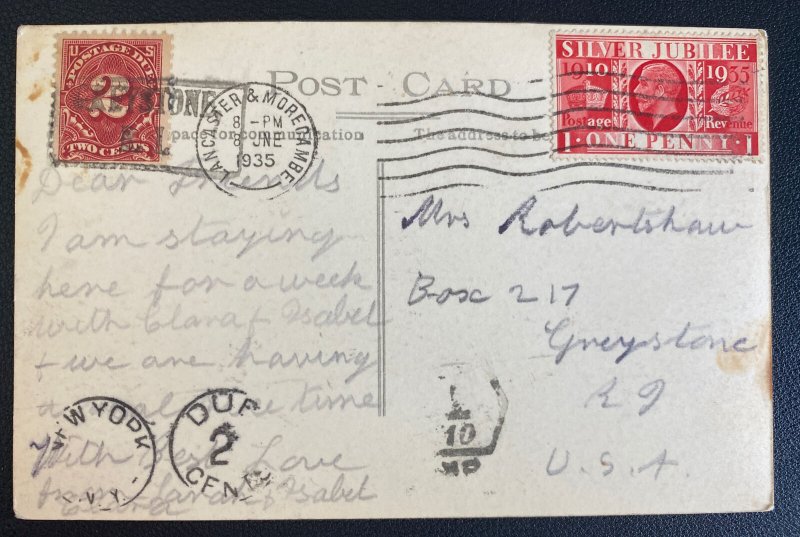 1935 Lancaster England RPPC Postcard Cover To Greystone RI Usa Morecambe