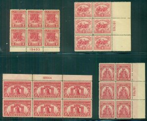 US #627/57, Group of 4 diff 2¢ Red Blks, og, LH/NH, minor perf seps Scott $127