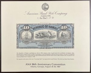 ABNC SO57  1987 Souvenir Card $10 Silver Certificate Republic of Hawaii