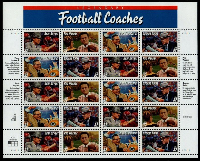 US #3143 - 46, 32c Football Coaches,  Sheet, VF mint never hinged, Fresh Shee...