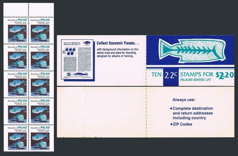 Palau 76b booklet,MNH.Michel 74-75d MH. Bump-head Parrot-fish,Triton Shell,1985.