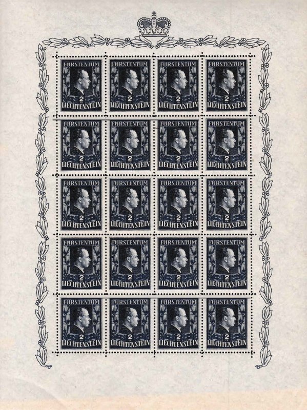 Liechtenstein 1851 Scott 259 perf 12 1/2X12 Redrawn 2Fr Prince Sheet of 20 VF/NH