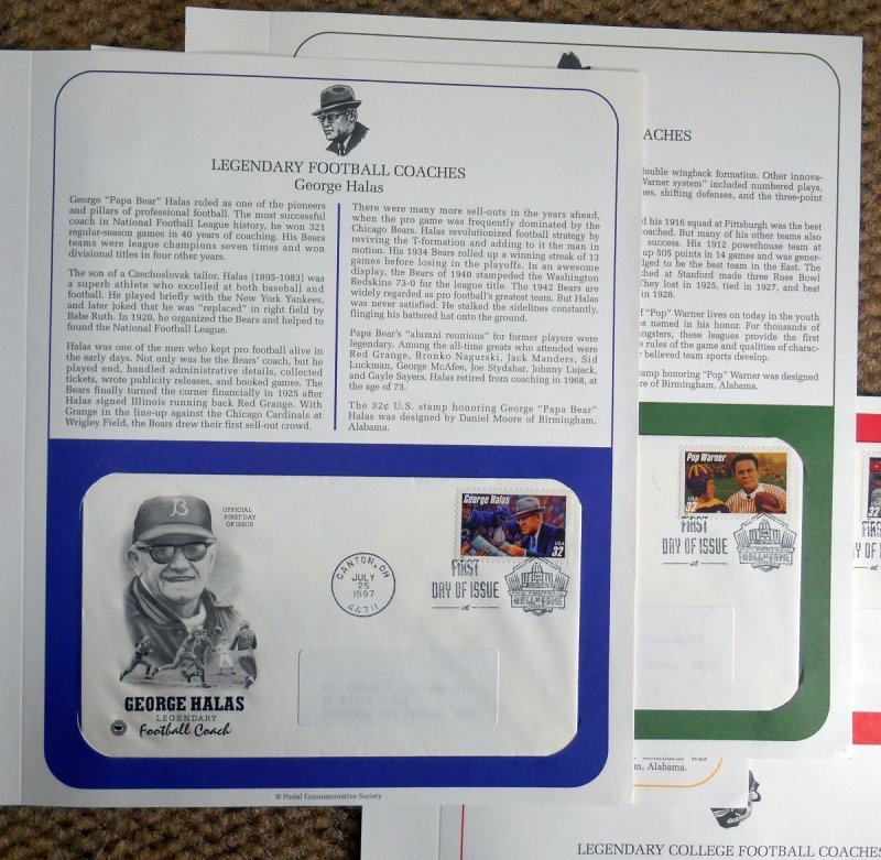 1997 Legendary Football Coaches Sc 3147-3150a set of 4 FDCs with PCS info pages