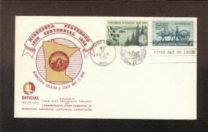 FIRST DAY COVER #1106 + 981 Combo Minnesota 100th 3c OFFICIAL U/A FDC 1958