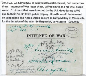 1943 U.S. C.I. Camp # 250 (Internee) to Schofield Hospital (read desc.)  (C5864)