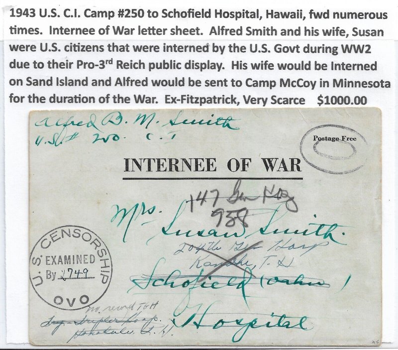 1943 U.S. C.I. Camp # 250 (Internee) to Schofield Hospital (read desc.)  (C5864)