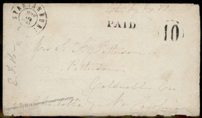 CSA Spartanburg SC Civil War Confederate Paid 10 Stampless Cover 92695