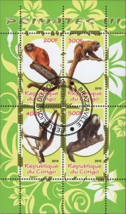 Congo Primates Monkeys Souvenir Sheet of 4 Stamps