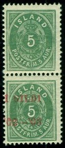 ICELAND #45e (51v2) 5aur I GILDI Pair – one stamp w/o Red Ovpt, NH, Facit $1,375