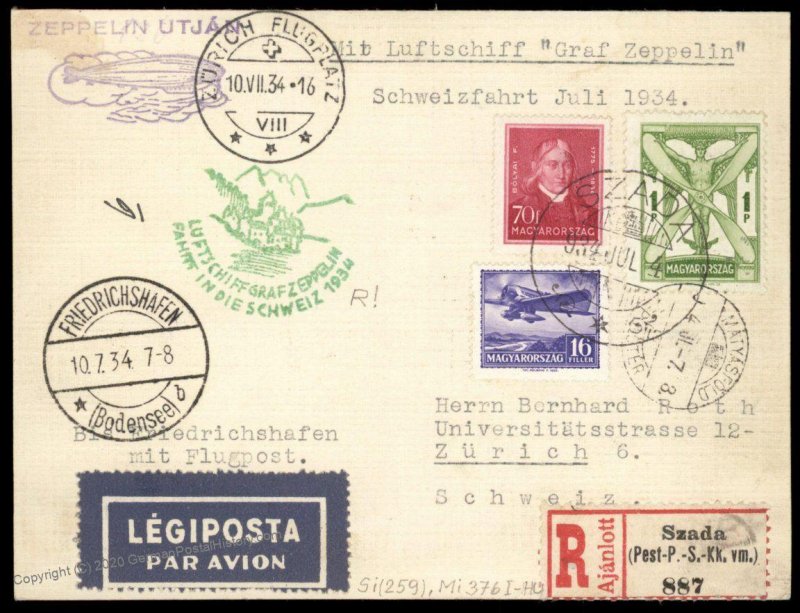 Hungary 1934 Graf Zeppelin Si102Ba Swiss Flight Cover 96513