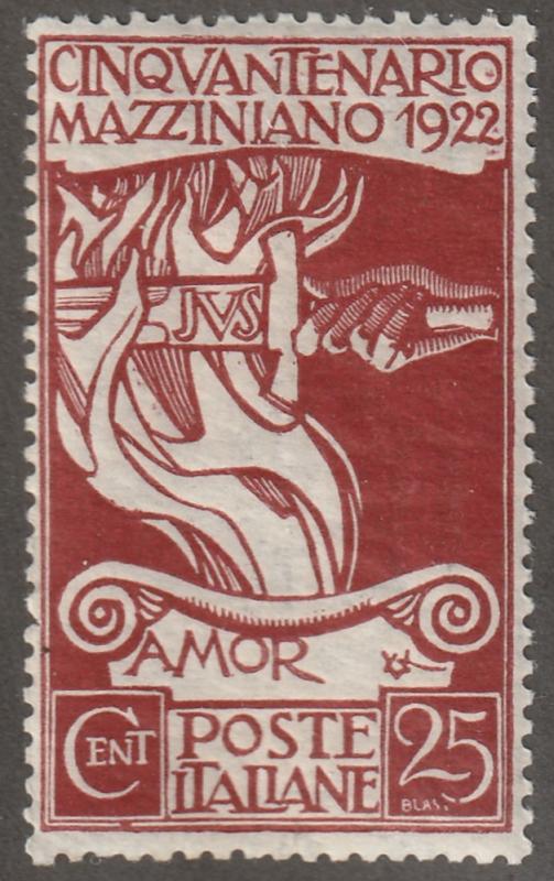 Italy Scott# 140, mint hinged, tall stamp, 25 cent, flame,Patriotism, sword, W67