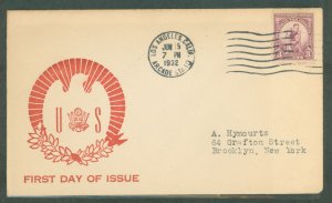 US 718 1932 3c Los Angeles Summer Olympics, Runner/Sports singel on an addressed, typed FDC with a Generic Cachet, Unknown Publi