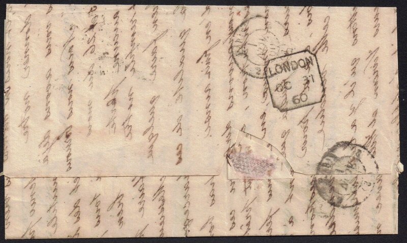 GB 1857 4d sg 66a used wrapper 11 [Enfield] [31 Oct 1860] to Paris 1 Nov 1860*