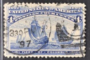 US Stamp#233 4c Ultramarine Fleet of Columbus USED SCV $ $8.00 