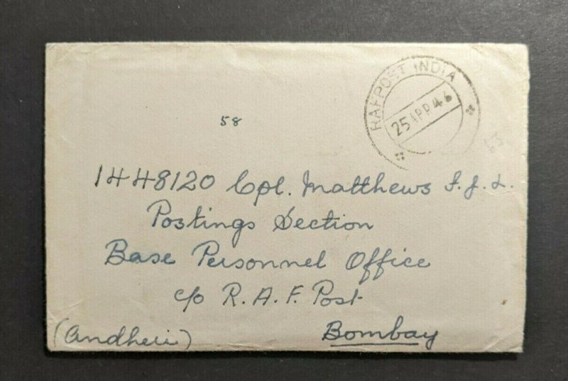 1946 RAF Post India Cover to Bombay India Reverse Franked