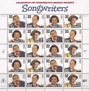 US Stamp - 1996 Songwriters - 20 Stamp Sheet - Scott #3100-3