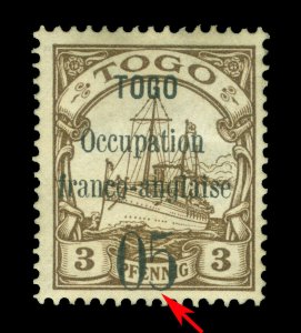 German Colonies TOGO 1914 Yacht  5c/3pf brn TYPE V (thin 5) Sc 151v(Yv23d) MH RR