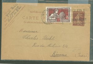 France  1925 Postal card to Switzerland, 20c Imprint + 25c Art Deco