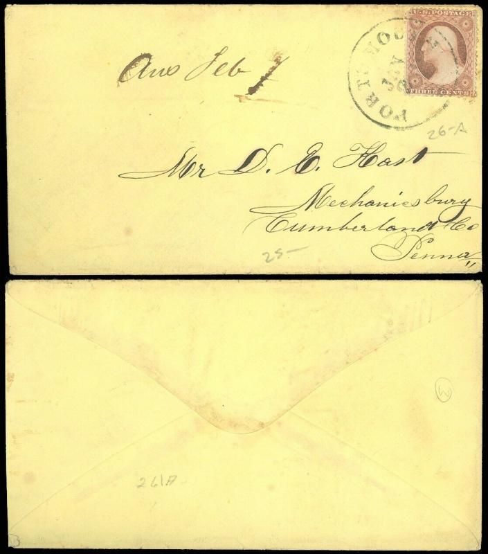 JAN 2_ 1858c PORTSMOUTH NH CDS, To D. A. HART, Mechanicsburg PA, US Scott #26A!