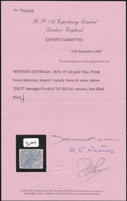 WESTERN AUSTRALIA 1854 Swan 4d imperf, variety swan & water damaged. Certificate