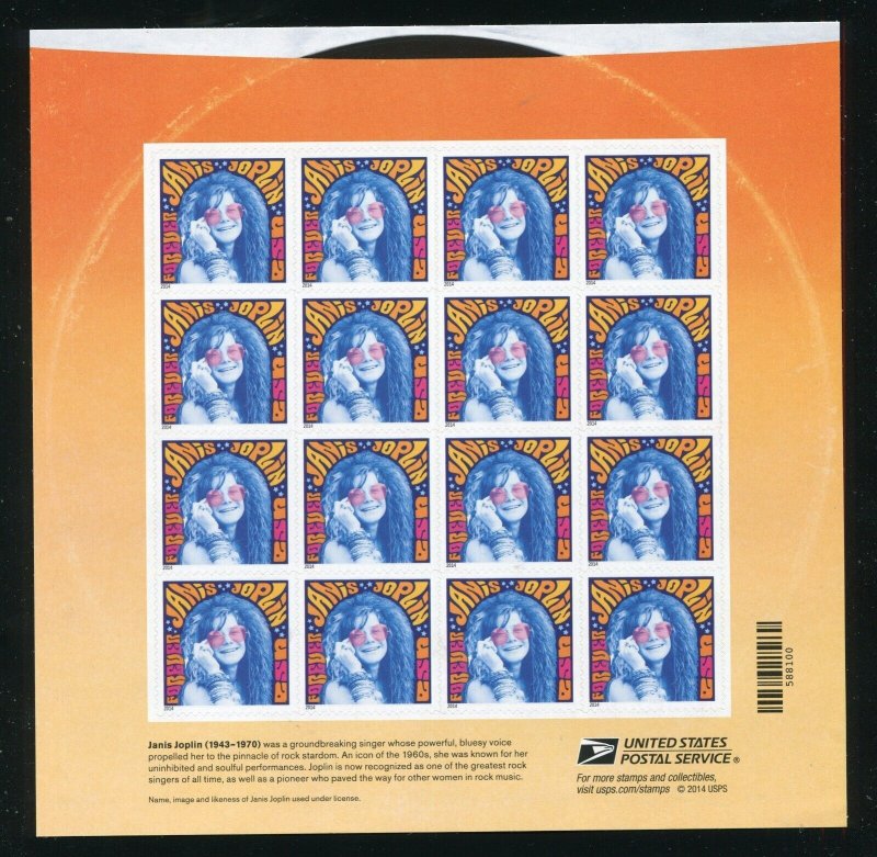 4916 Janis Joplin Sheet of 16 Forever Stamps MNH 