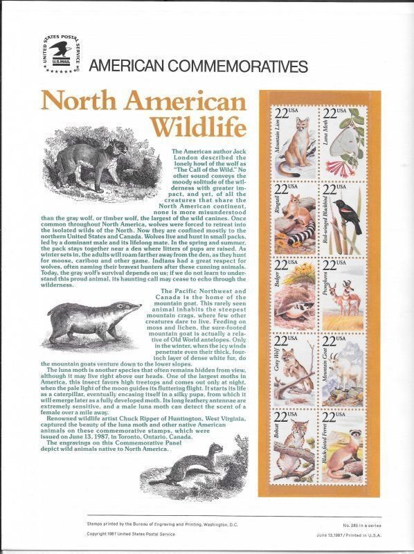 Just Fun Cover #2286-2335 AMERICAN WILDLIFE FIVE COMMEMORATIVE PANELS  (10955)