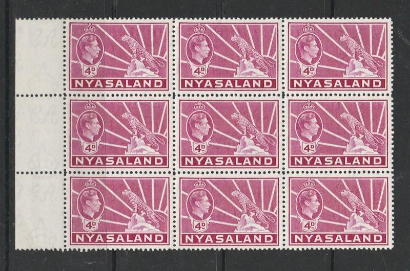 Nyasaland 1938/44 Defs 4d UM/MNH block of 9, SG 135. pristine