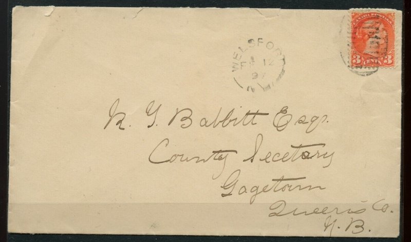 ?Grid cancel on 3c Small Queen WELSFORD, N.B. 1897 cover Canada