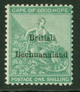 SG 8 Bechuanaland 1885. 1/- green. A fine lightly mounted mint example with...