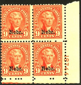 U.S. #678 MINT PL# BLOCK OF 4 OG NH