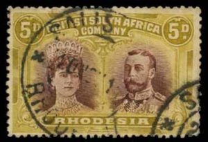 Rhodesia #107a Cat$165, 1910 5p olive yellow and brown, color error, used