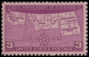 US 858 Statehood Washington Montana North South Dakota 3c single MNH 1939