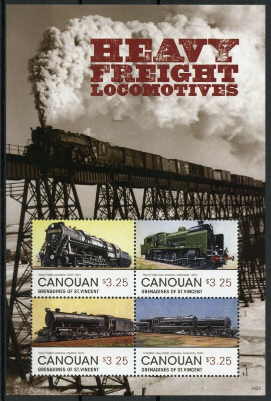 Canouan Gren St Vincent Trains Stamps 2014 MNH Heavy Freight Locomotives 4v M/S 