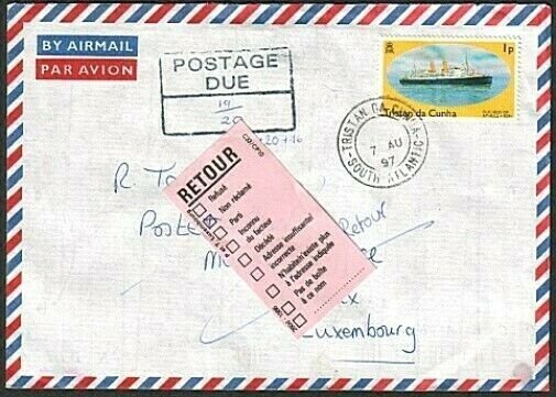 TRISTAN DA CUNHA 1997 Returned postage due cover to LUXEMBOURG.............77410