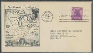 US 837 (1938) 3c Northwest Territory/ordinance of 1787 (single) on an addressed (typed) First Day cover with A historic arts cac