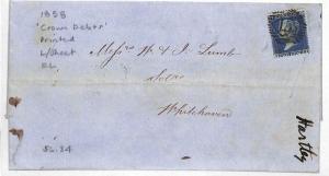 AZ4 1858 GB 2d BLUE Cover Whitehaven Crown Debts Printed Letter SG.34 cat £200