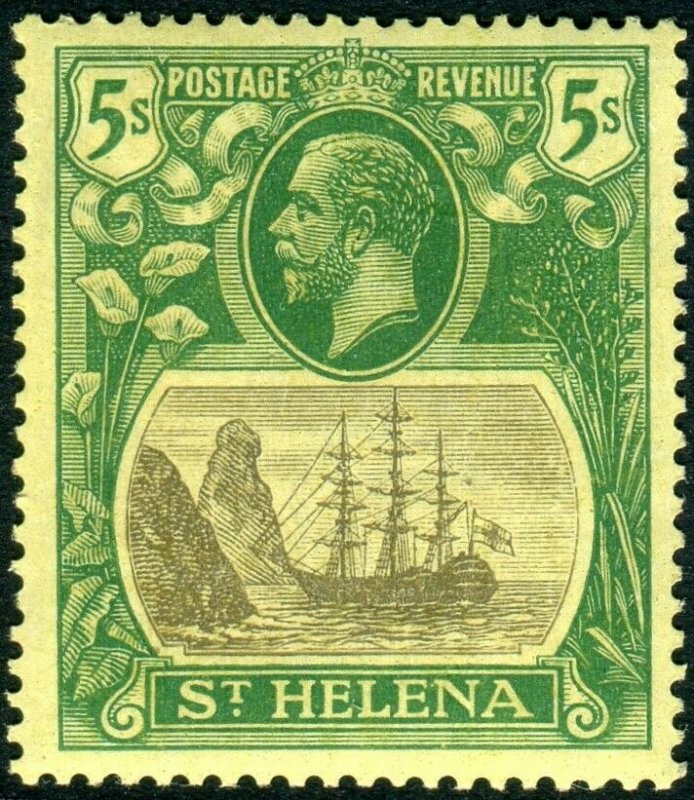 ST HELENA-1927 5/- Grey & Green/Yellow.  A lightly mounted mint example Sg 110