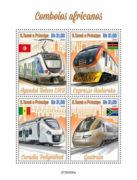 Sao Tome & Principe African Trains Stamps 2020 MNH Gautrain Railways Rail 4v M/S 