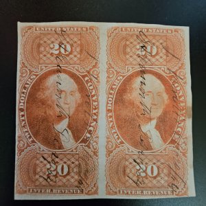 R98a Pair Imperforate pen cancelled $20  Conveyance stamps Gem  pair CSV 400.00
