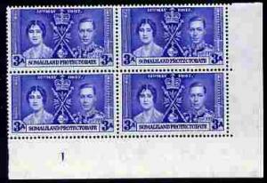 Somaliland 1937 KG6 Coronation 3a corner plate block of 4...