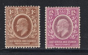 East Africa & Uganda Sc 31, 35 MLH. 1907 1c and 12c KEVII definitives, LH, F-VF