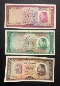 1954 Banknotes, 20, 50, 100 Rials, VF