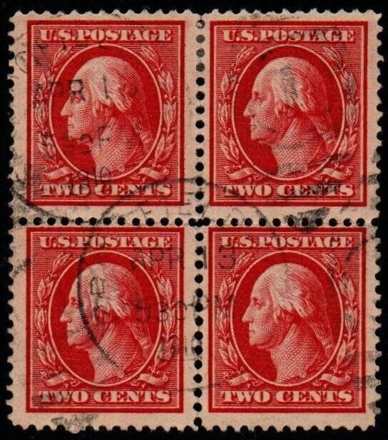 U.S. #332 Used F-VF Block/4 Inverted Reversed Watermark, 3mm Spacing