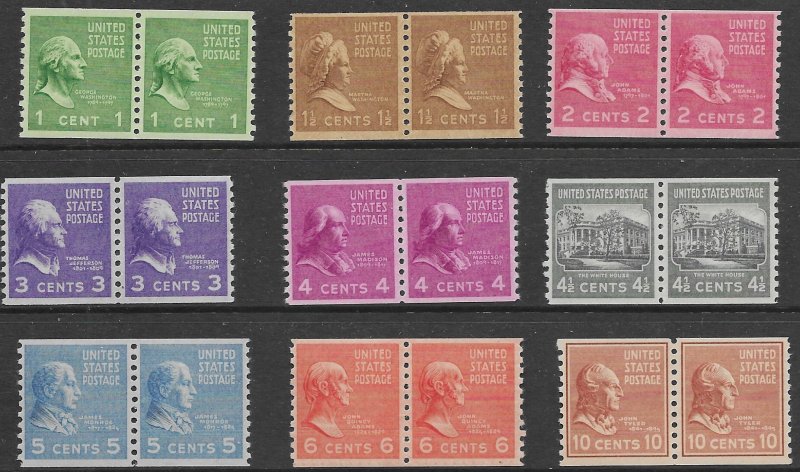 US 839 - 47   1939  set 9   coil pairs   Fine  NH