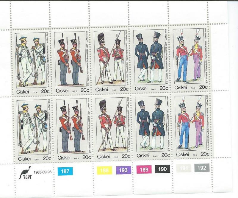 South  Africa -Ciskei #63 20c Uniforms Sheet of 10 (MNH) CV $4.50