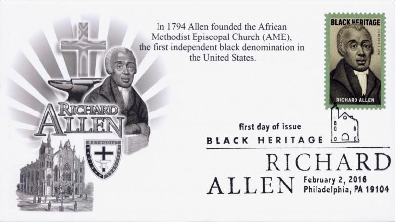 2016, Richard Allen, FDC, BW Postmark, Black Heritage, 16-041